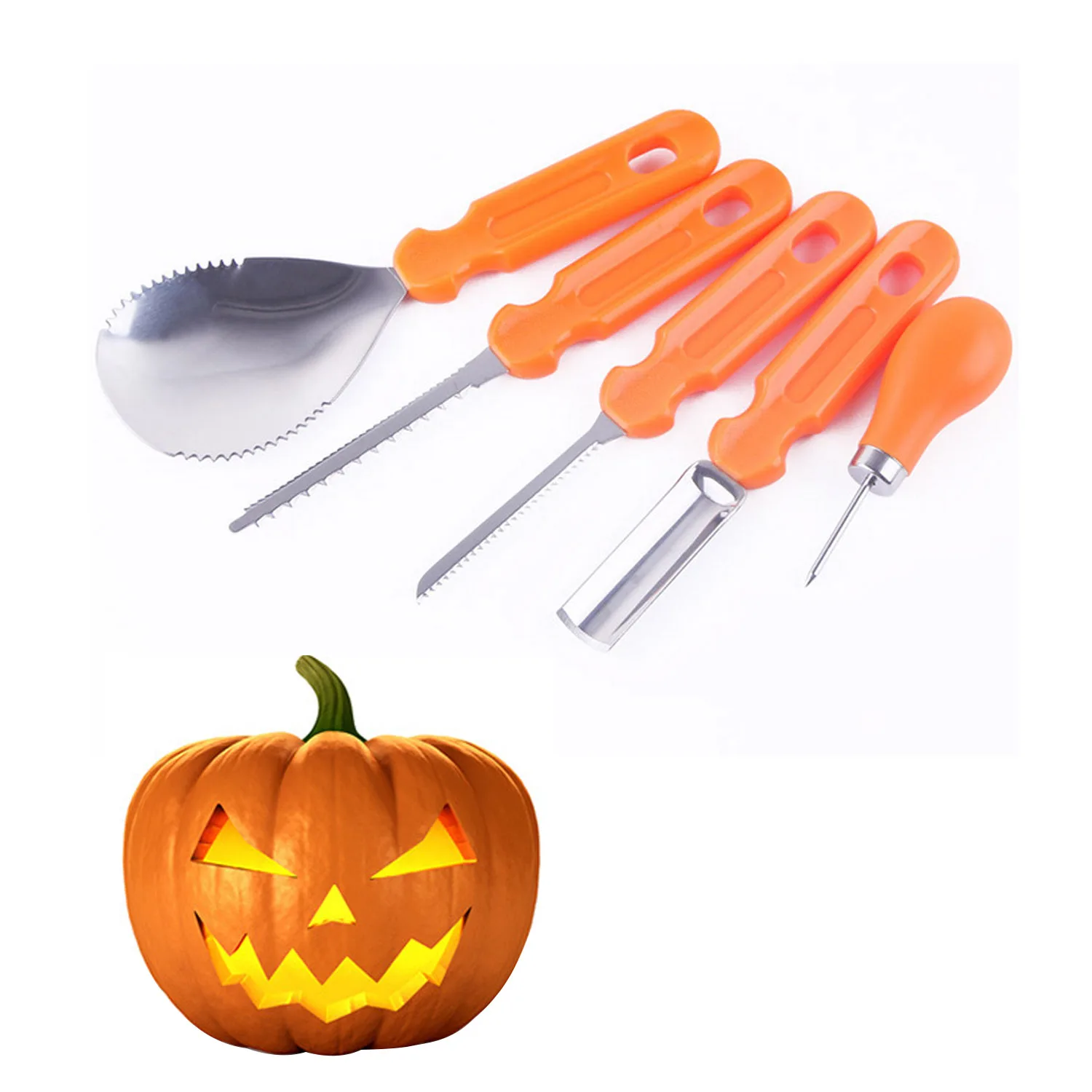 

Behogar 5PCS Halloween Professional Pumpkin Carving Tool Kit with Drilling Nails Spoon Saws Circle Punches