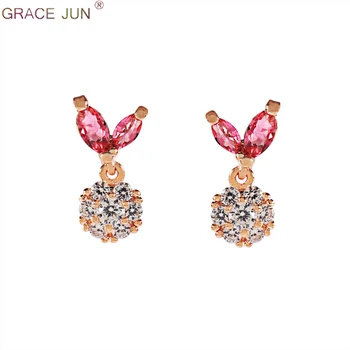 

GRACE JUN Cute Red Color AAA Cubic Zircon Flower Leaf Shape Clip on Earrings and Pierced Earrings for Women Girl Charm Earrings