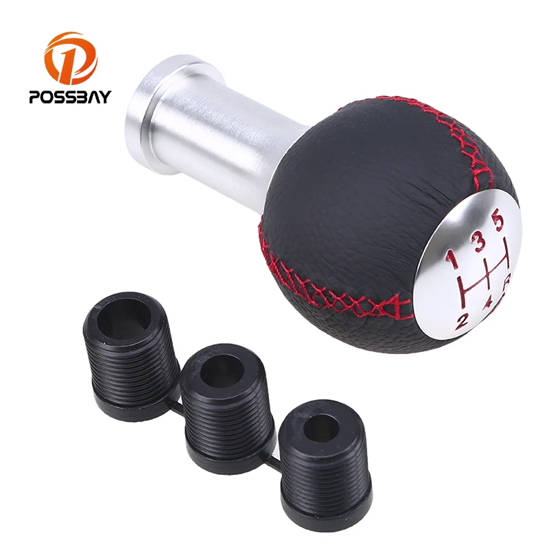 

POSSBAY Red Stitched Black Leather Gear Stick Shift Knob 5 Speed Car Gear Knob Universal for Honda Kia Toyota