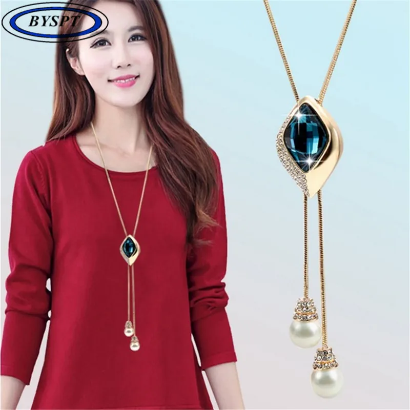 

BYSPT Women Square Crystal Sweater Chain Long Paragraph With Jewelry Pendant Simple Decorative Necklace