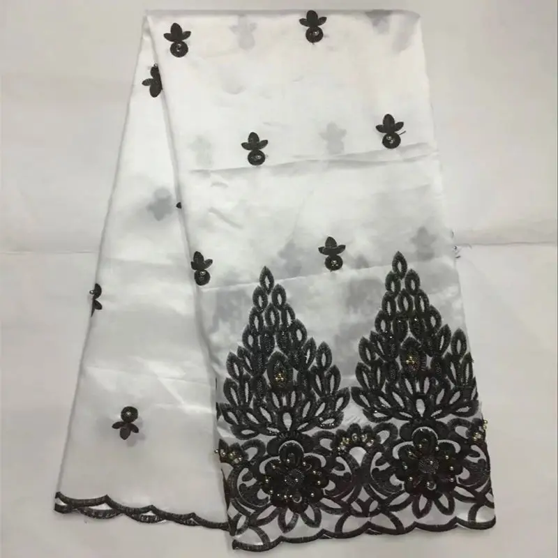 

White George Lace Fabric Nigerian Georges Lace Fabric For Wedding with Sequins and Beads 5yards African Silk George Lace-30