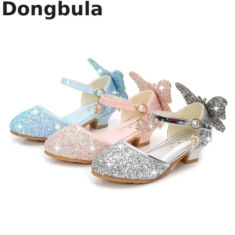Летние босоножки для девочек детская обувь для девочек обувь принцессы на высоком каблуке розовые кожаные со стразами и блестками для танцев свадебные туфли