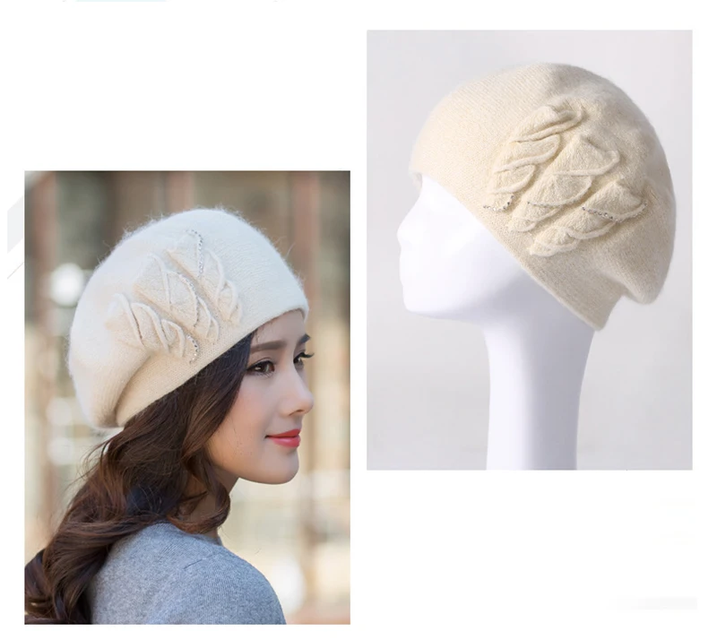 Angora Beanie Women Winter Hat Warm Knit Cap Beret Headwear Double Layer Casual Soft Classic Thermal Snow Outdoor Accessory (11)
