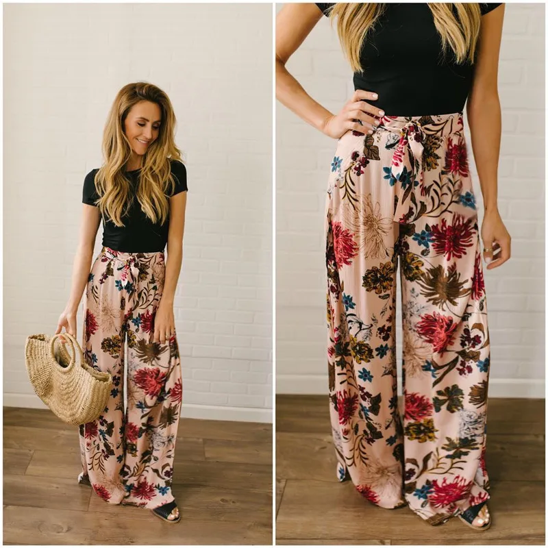 

Women's Pants Loose Floral Print Drawstring 201 Casual Wide Leg Pants Female Summer Trousers Long Fashion Sweatpants Plus Size