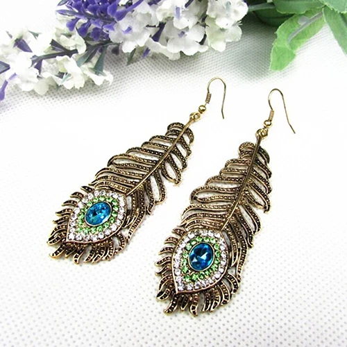 New Arrival Vintage Women Rhinestone Peacock Eye Feather Dangle Hook Earrings Jewelry | Украшения и аксессуары