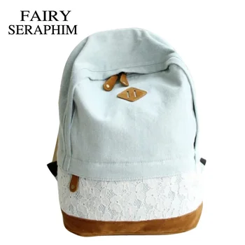 

FAIRY SERAPHIM Lace Denim Women's Canvas Backpack Girl Teenagers Casual bags Schoolbag mochila bookbag children backpacks