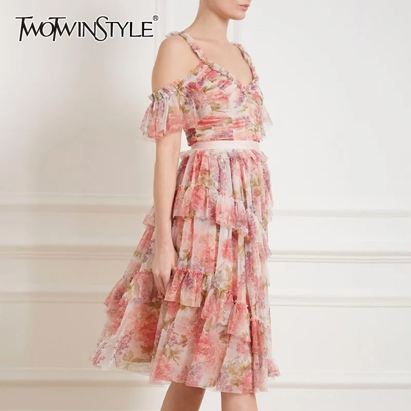 

TWOTWINSTYLE Print Dress For Women V Neck Ruffles Sleeve Off Shoulder High Waist Dresses Female Fashion Summer 2019 New