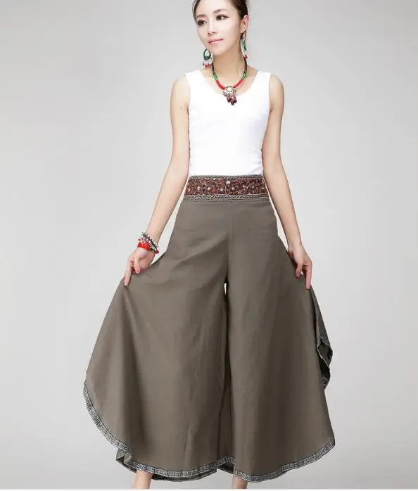 Summer 2019 Women Ethnic Style High waist Embroidery printed pants Ladies girls Elastic waist Cotton Linen Wide leg p Summer 2019 Women Ethnic Style High waist Embroidery printed pants Ladies girls Elastic waist Cotton Linen Wide leg p