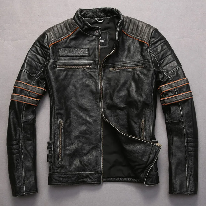 Винтажная мотоциклетная куртка в стиле панк из воловьей кожи с вышитыми черепами и регулируемой талией, кожаная мужская куртка контрастного цвета с рукавами