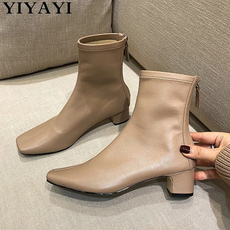 

Square Toe Chelsea Boots Women Winter Shoes Chunky High Heels Boots Genuine Leather Fashion Sock Boots Bota Feminina Inverno