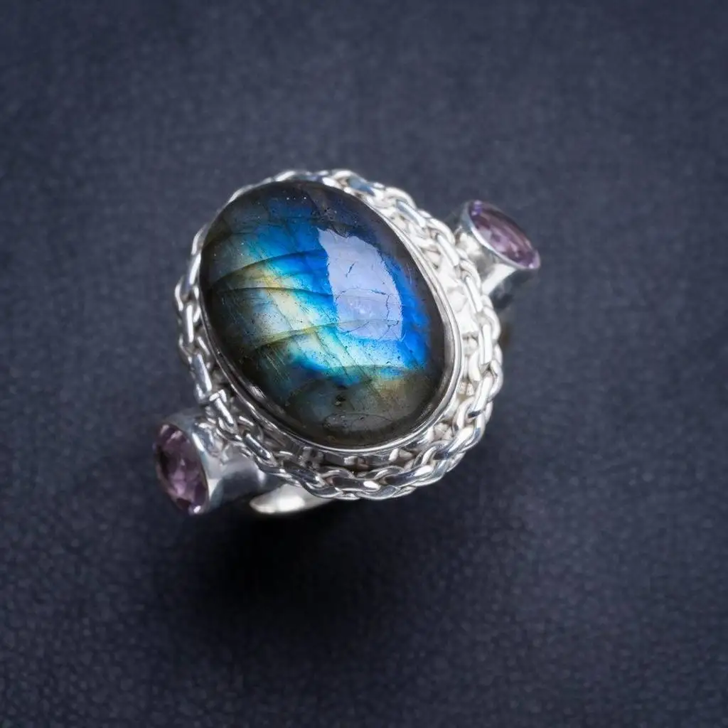 

Natural Blue Fire Labradorite and Amethyst Handmade Unique 925 Sterling Silver Ring 6.5 Y4638