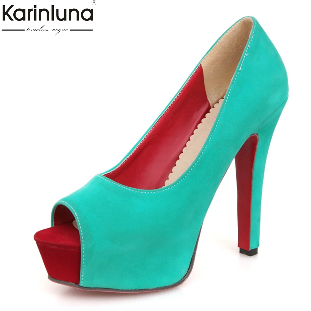 

KarinLuna 2018 large size 34-43 sexy dropship peep toe flock shoes thin high heels party Shoes Woman Shoes women red pumps