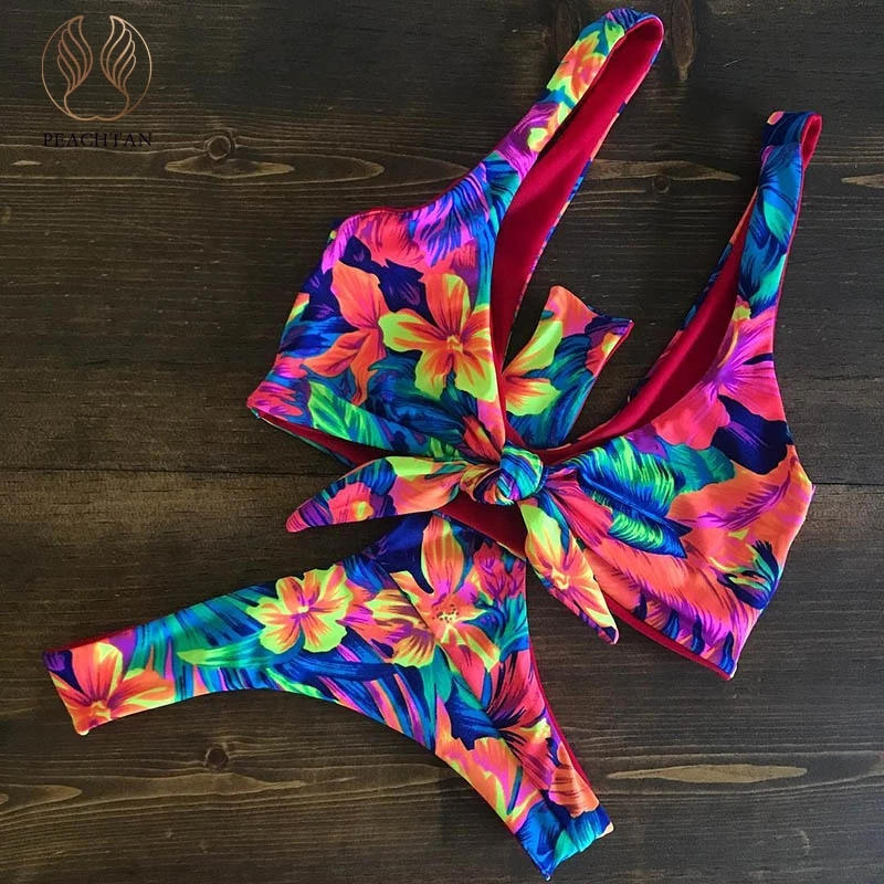

Peachtan Sexy floral print bikini 2019 micro biquini Weave push up swimsuit female Push up swimwear women bathers Summer swim