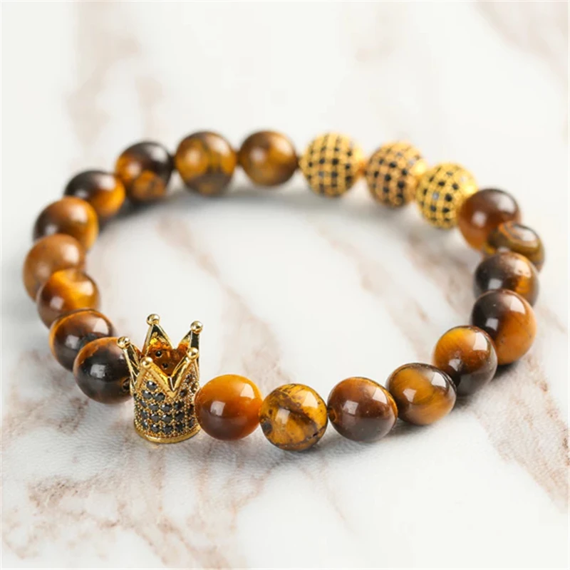 

2018 Tiger Eye Natural Stone Bead Yoga Bracelet Elastic Rope Bead CZ Crown Charm Bracelet Fashion Men Women Jewelry
