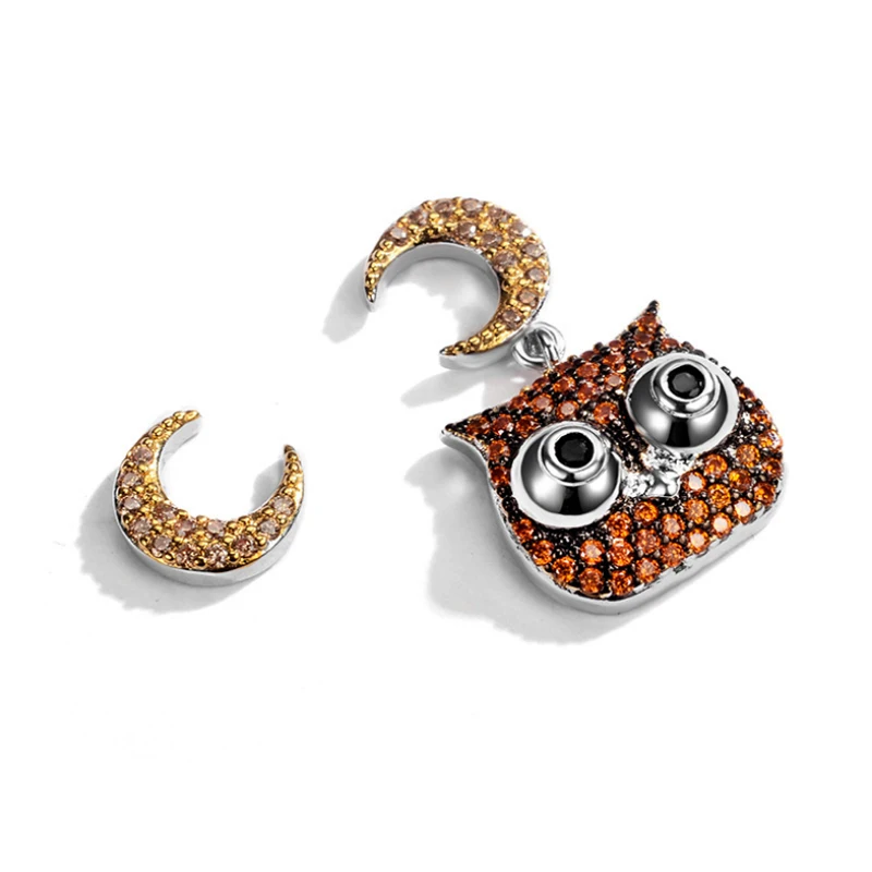 

European and American creative owl earrings personality fashion asymmetric inlaid zircon woman earrings