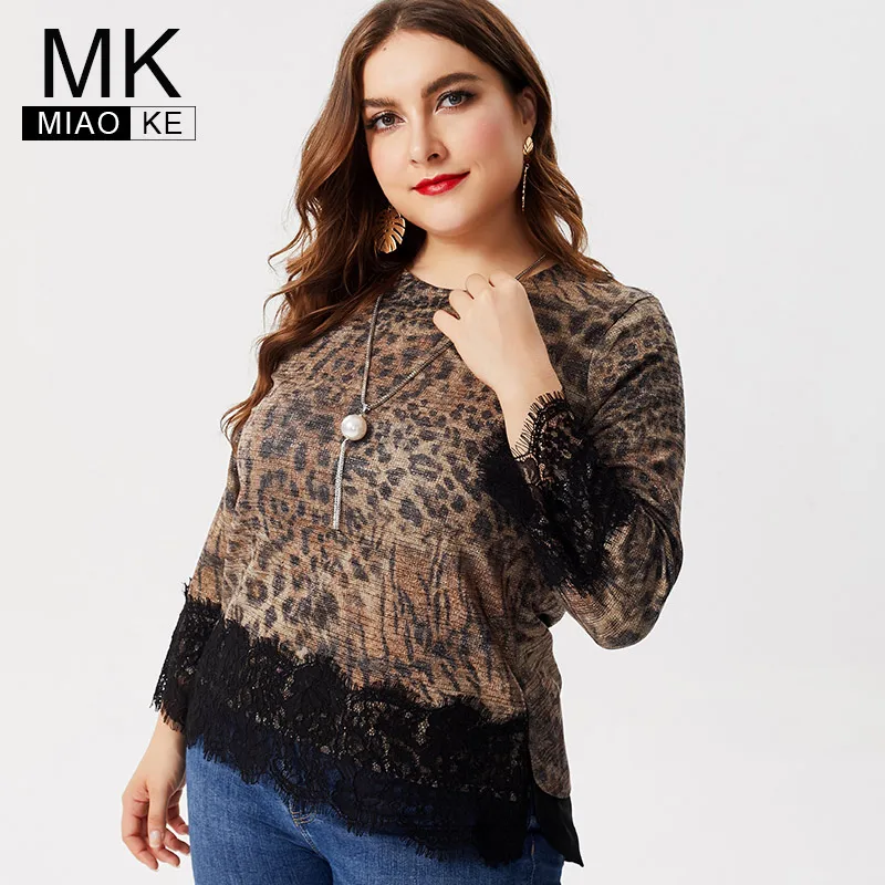 

MK 2019 fall Plus Size Womens Leopard t-shirt fashion ladies Vintage elegant shirts mom Long sleeve Extensible tops blouse