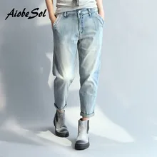 Лето-осень Для женщин свет синие джинсы леди опрятный Винтаж тонкие лодыжки-Длина Джинсовые штаны плюс Размеры шаровары