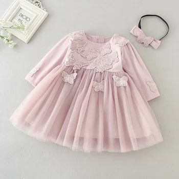 

Baby Longsleeve Dress + Match Headband Pink 1st 2nd Birthday Clothes for Girls Baby Girls Clothes Cute Infant Christening Dress
