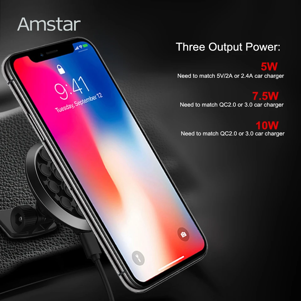 Автомобильное беспроводное зарядное устройство Amstar на присоске для iPhone XS Max XR X 8 Plus 10 Вт Быстрое беспроводное автомобильное зарядное устройство Qi для samsung S9 S8 Note 9