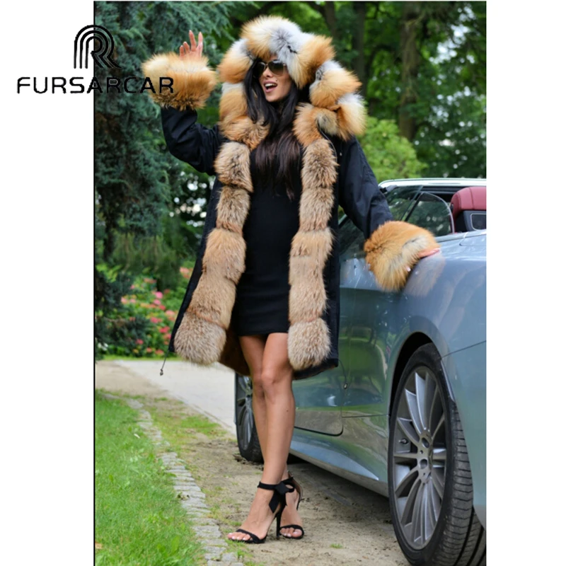 FURSARCAR New Winter Parka Luxury Women Natural Fur Jacket With Real Fox Fur Collar& Cuff Female Fashion Long Parkas Coat