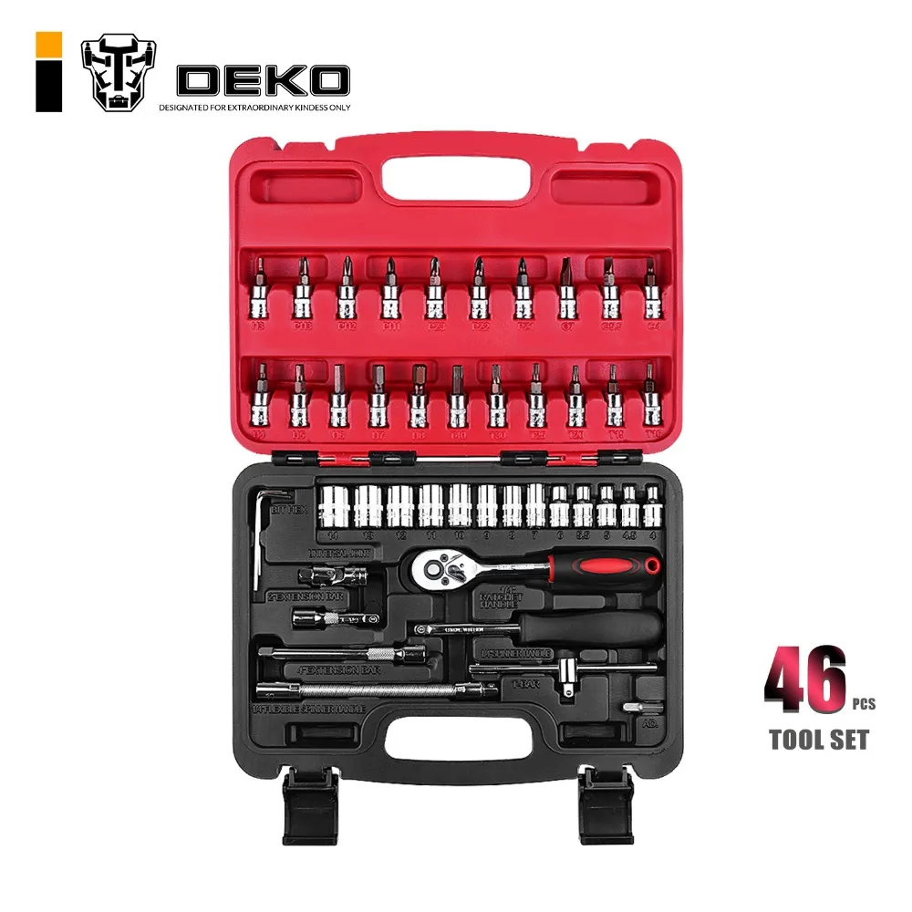 

DEKO 46-Piece Hand Tool Set General Household Hand Tool Kit with Plastic Toolbox Storage Case Wrench Screwdriver Socket