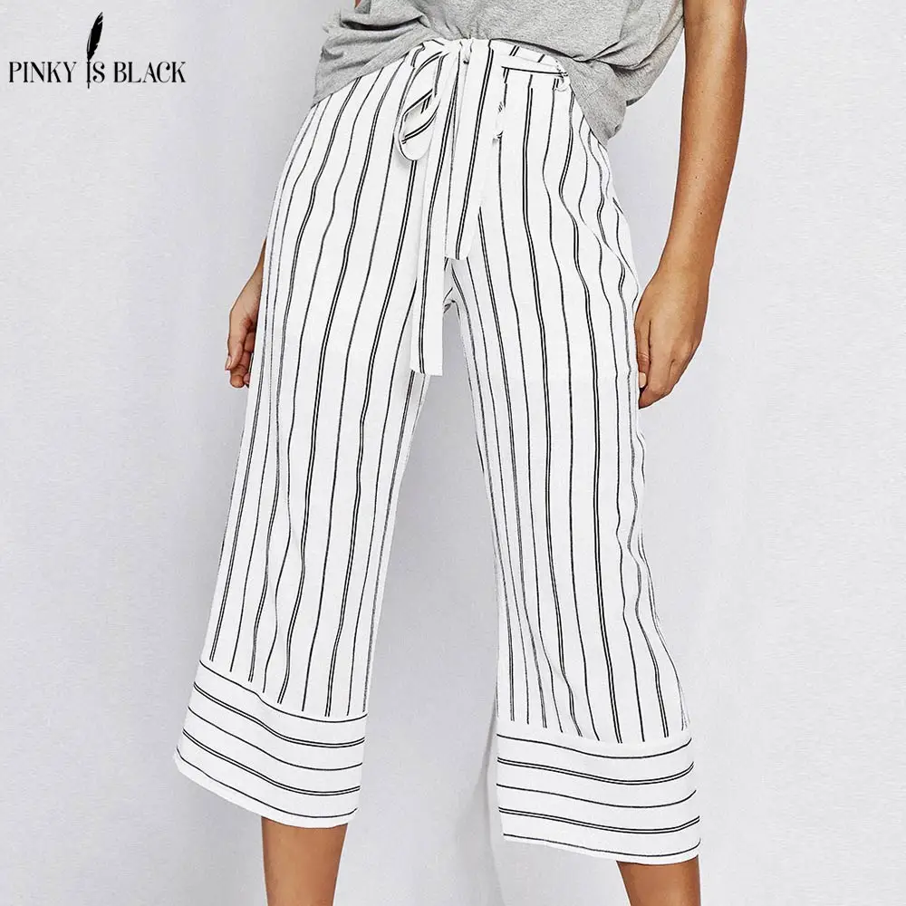 PinkyIsBlack Stripe split wide leg pants women bow tie sashes high waist trouser summer loose pants 2018 office female bottoms PinkyIsBlack Stripe split wide leg pants women bow tie sashes high waist trouser summer loose pants 2018 office female bottoms