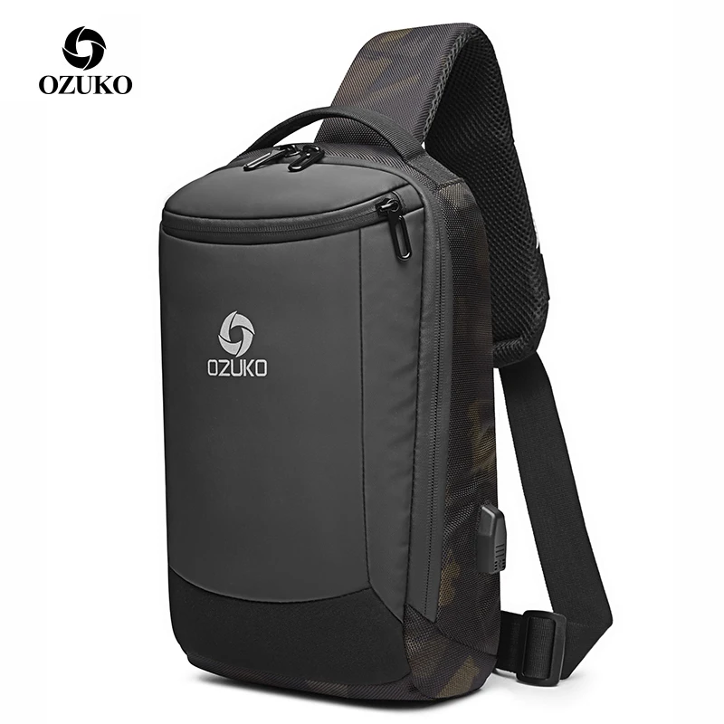 

OZUKO Brand Waterproof Men USB Charge Sling Chest Bag Male Large Capacity Short Trip Shoulder Crossbody Bag Messengers Bags 2019