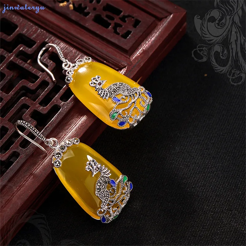 Jinwateryu, 925 пробы, silve earringsr, для женщин, девочек, висячие серьги с желтым камнем, халцедон и кубический циркон, серьги