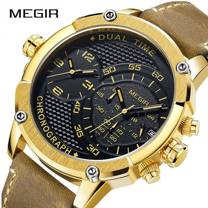 

MEGIR Wristwatch Men Quartz Watch Creative Leather Strap Clock Dual Time Zone Sport Man Wristwatches Male Army Military Watches