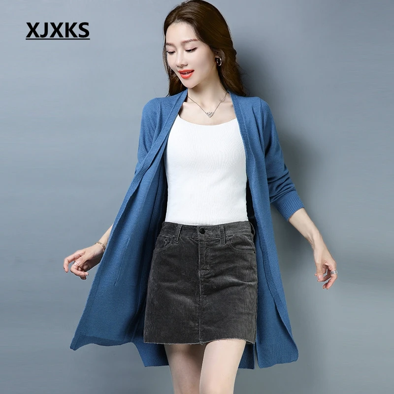 

XJXKS women long cardigan sweater coat ulzzang young ladies solid color elegant casual style new women cardigan sweater