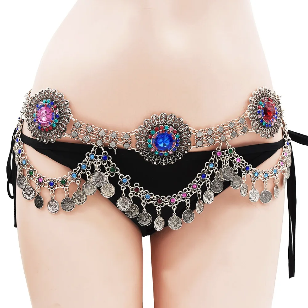 Indian Coins Dangle Gypsy Belly Dance Turkish Chain Shimmy Metal Rhinestone Belt