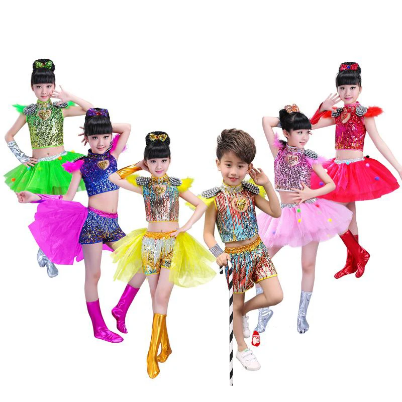 

Kid boy girl hip hop sequin jazz costume green pink red hip hop costume modern dance performance wear skirt suit dress clothes