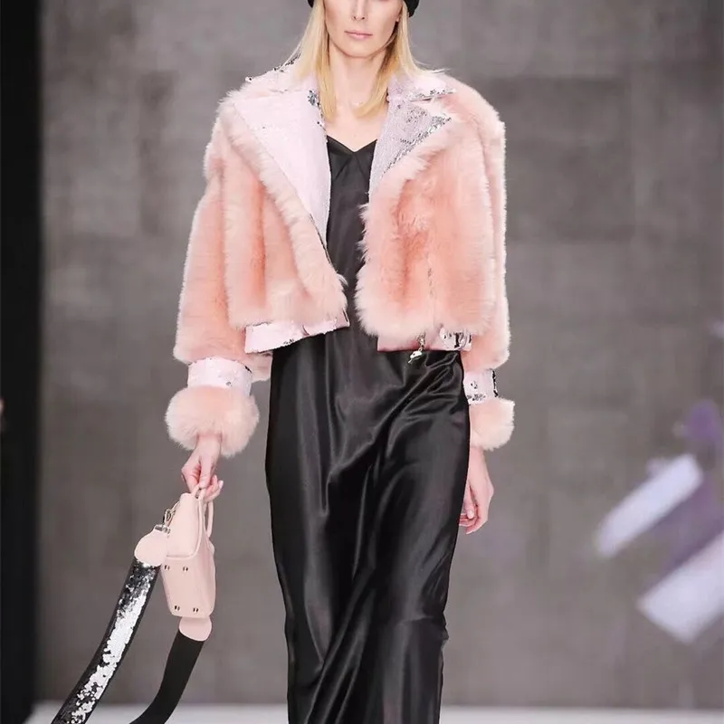 

Women Coat Double-faced Fur Sheepskin And Woolen Outwear 2018 Winter Fashion Merino Sheep Fur Warm And Thick Pink