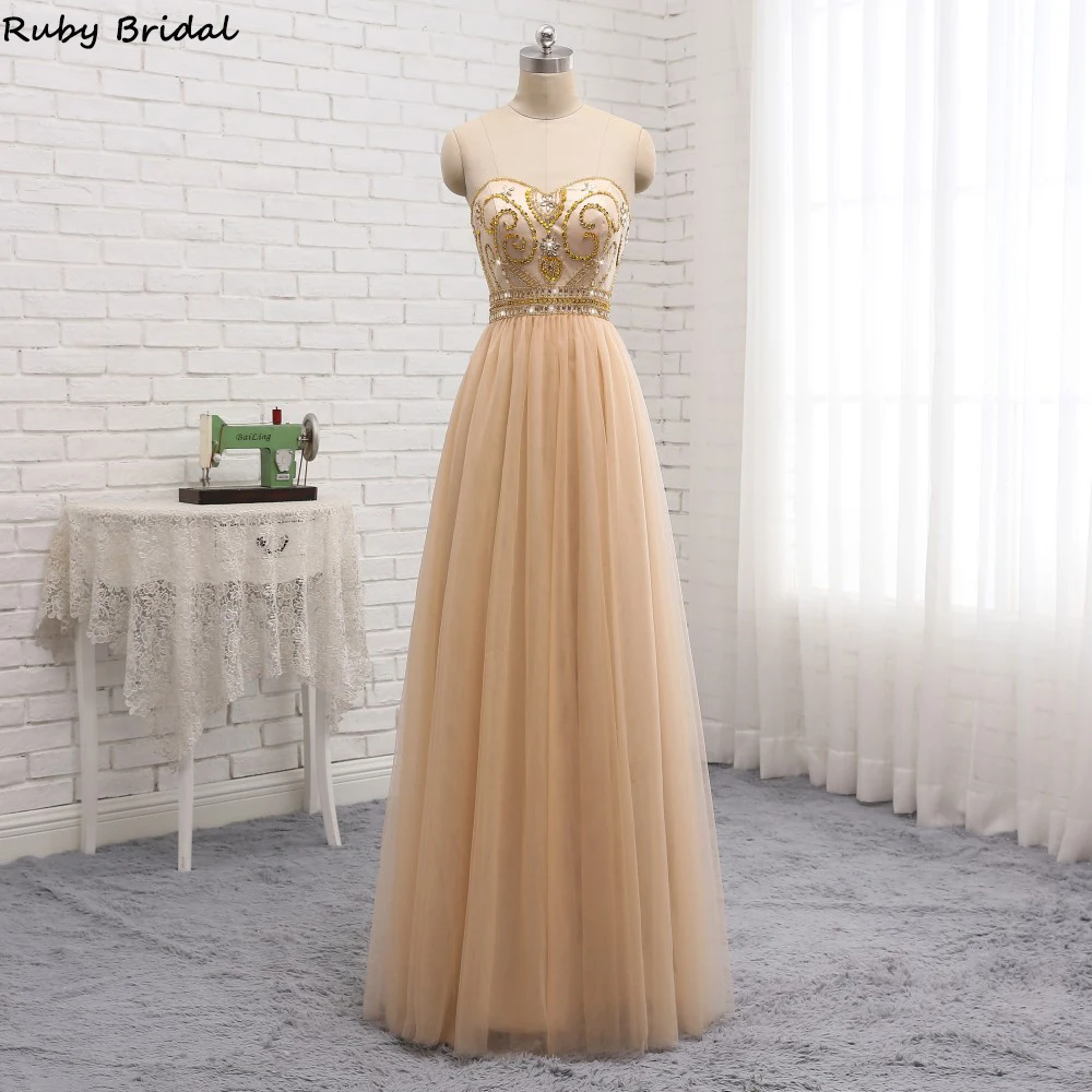 

Ruby Bridal 2019 New Vestido De Noite Long A-line Champagne Evening Dresses Sexy Strapless Tulle Beaded Party Gown PW931