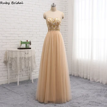 

Ruby Bridal 2019 New Vestido De Noite Long A-line Champagne Evening Dresses Sexy Strapless Tulle Beaded Party Gown PW931