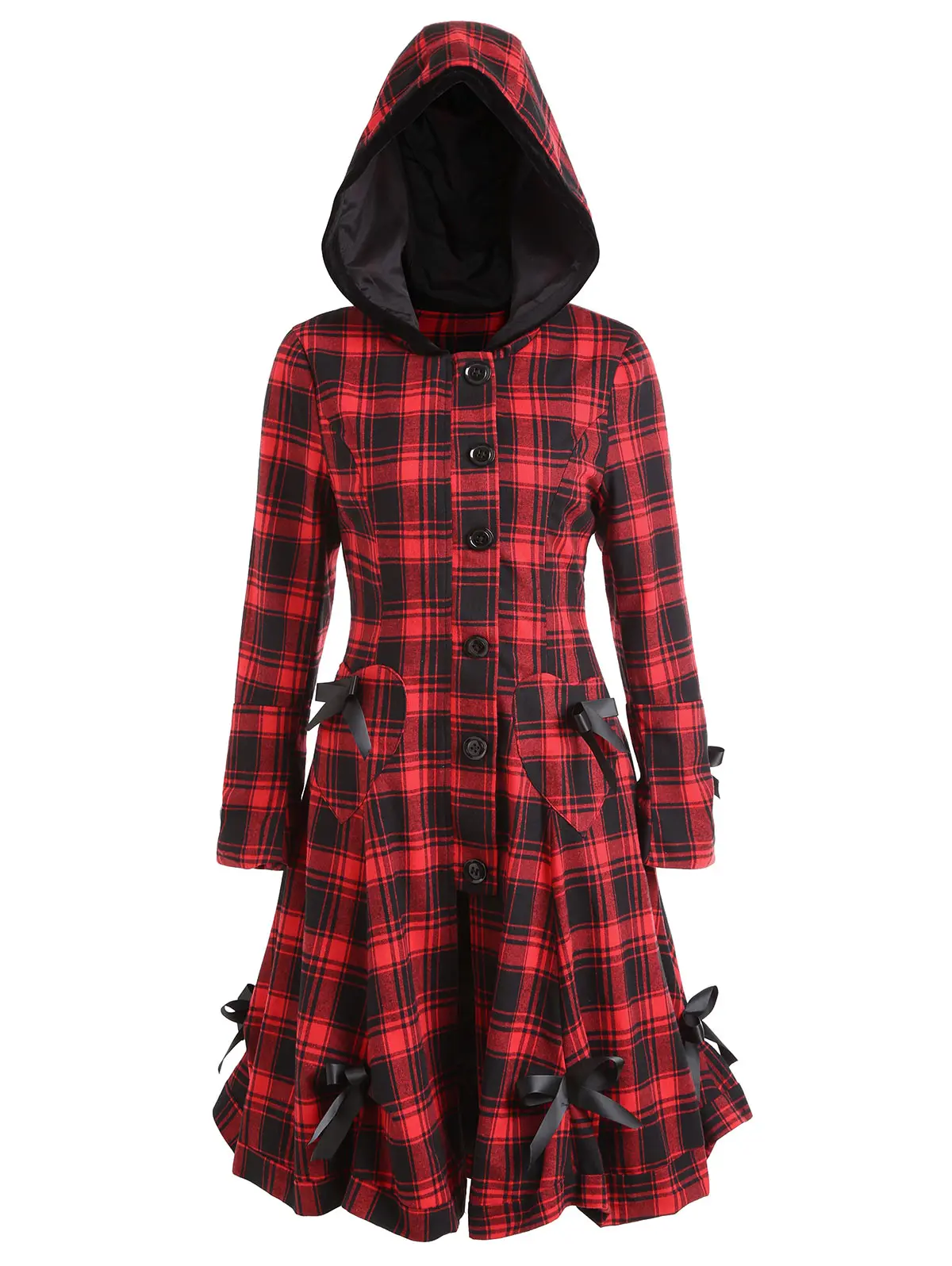 

Lortalen Winter Coat Women Plaid Hooded Button Up Skirted Coat Gothic Bowknot Lace-Up Long Pockets Womens Outerwear Trench Coats