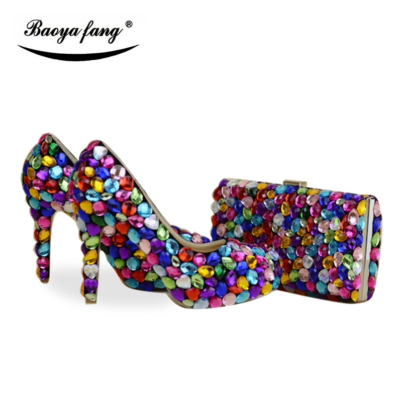 

Multicolor big cyrstal Women wedding shoes with matching bags woman Pumps High heels platform shoes big 43 high shoes
