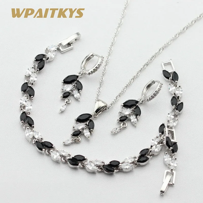 

Black White Cubic Zirconia 925 Silver Jewelry Sets For Women Plant Necklace Pendant Earrings Bracelet Free Gift Box WPAITKYS