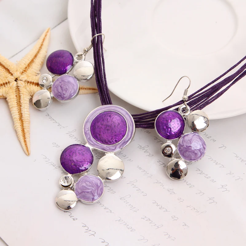 

Enamel Beads Silver Plated Necklace/Earrings Set Gem Multi Layer Statement Chokers Wedding Accessories African Jewelry Set