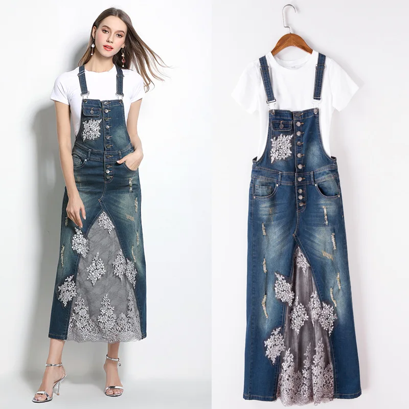 Long Lace Denim Suspenders Dress Two Piece Suit 2017 Fashion Slim Long Lace Denim Suspenders Dress Two Piece Suit 2017 Fashion Slim Jumper Casual Jeans Dresses Female Overalls Womens Clothing In From Women S