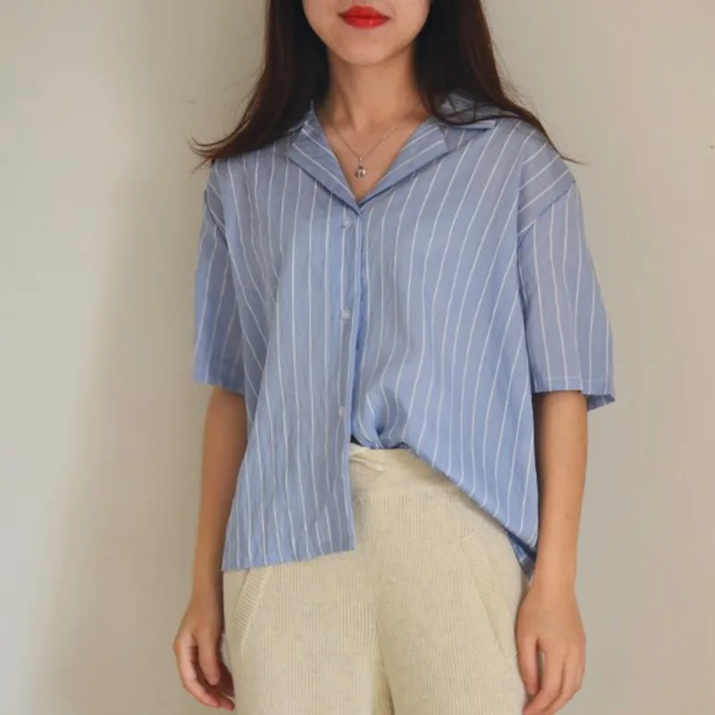 

Summer Short Sleeve Female Shirts Women Striped Blouse Shirt Casual Loose Slim Tops Blusas