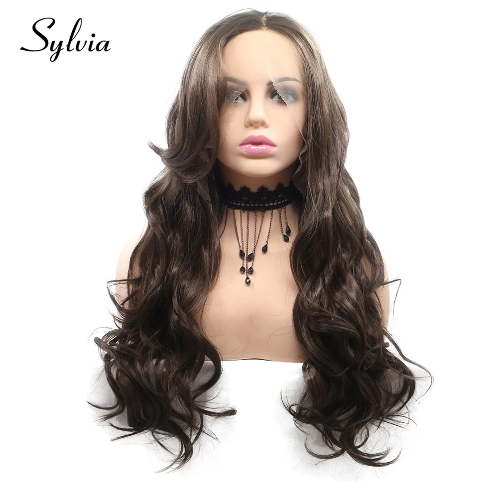 

Sylvia 6# Natural Brown Body Wave Synthetic Lace Front Wigs 180% Density Heat Resistant Fiber Hair for Woman