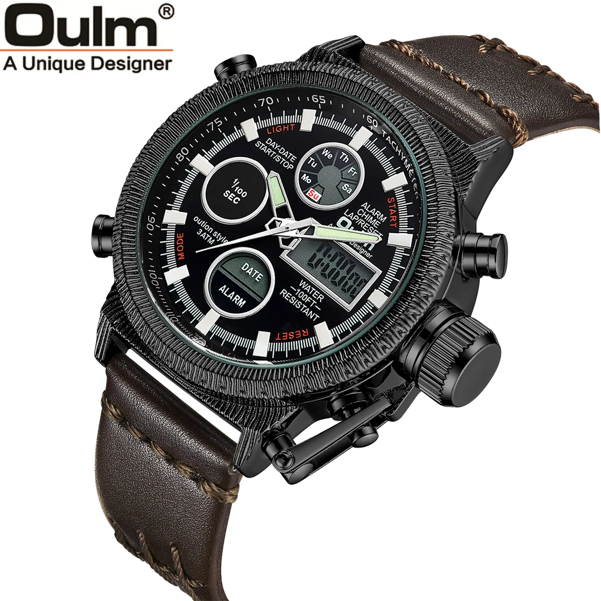 

Oulm Men Watches Luxury Brand Leather Sports Watch Men Unique Men's Quartz LED Digital Clock Waterproof Military Wrist Watch