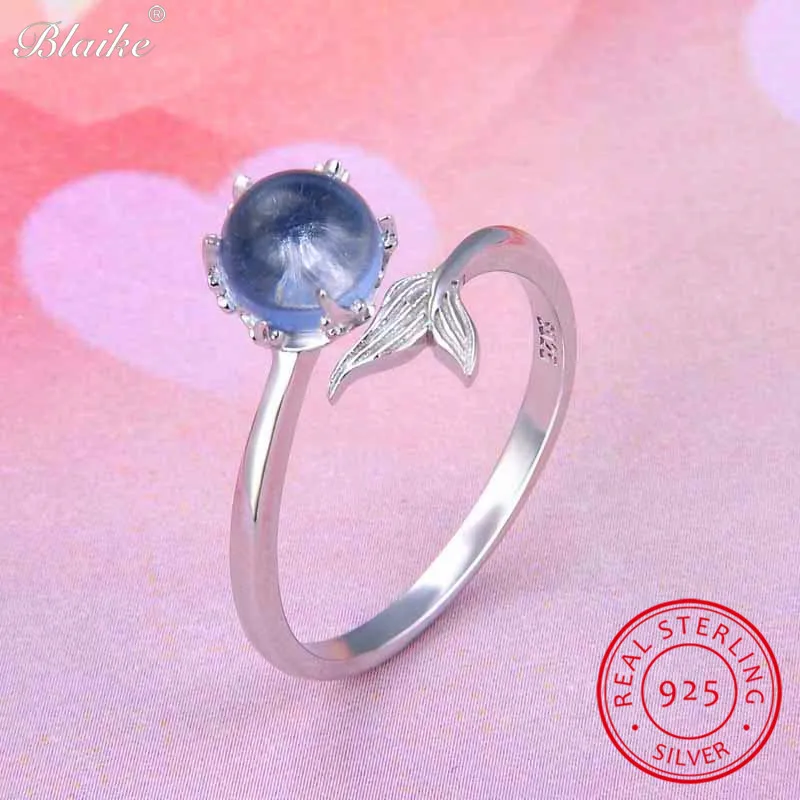 

Blaike Cute Mermaid Tail Rings For Women Solid s925 Sterling Silver Open Ring Female Ocean Blue Crystal Wedding Bands Jewelry
