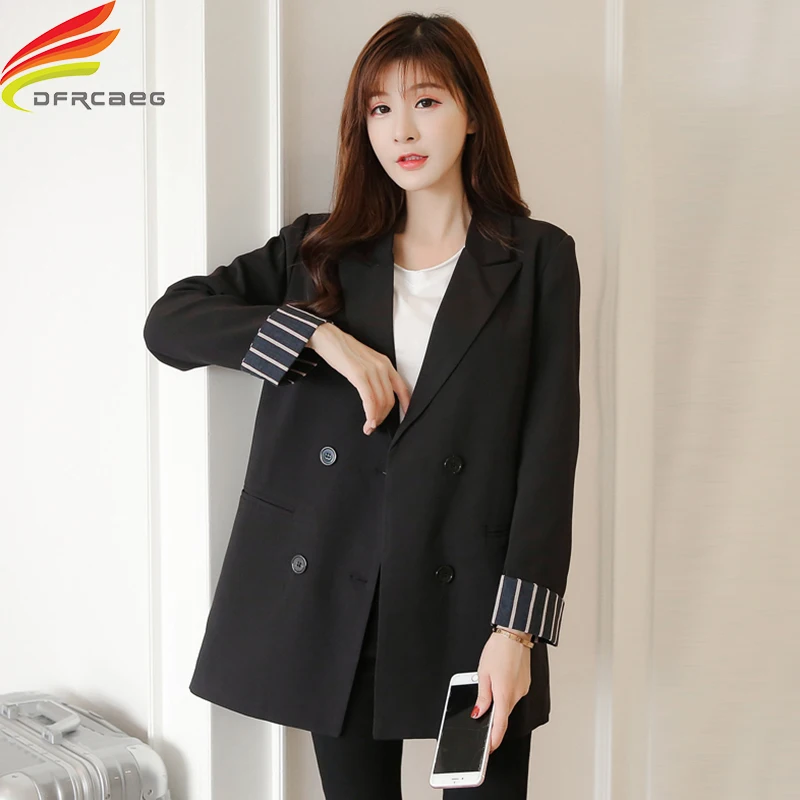 Blazer Women Fall 2018 Fold Sleeve Contrast Color Black Long Blazer Double Breasted Office Lady Coat Women Blazers feminino