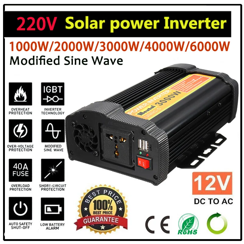 Солнечный Мощность инвертор 2000/6000/8000/12000W пики 12V 220 В Модифицированная синус волна Напряжение трансформатор для дизельных двигателей дизельный двигатель с зарядкой от USB