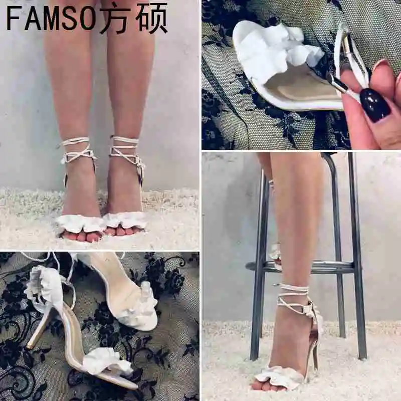 

FAMSO 2019 New Arrival Women Sandals Shoes Large Size 34-43 Lace-up Flowers High Heels Summer Designer Brand Elegant Sandals