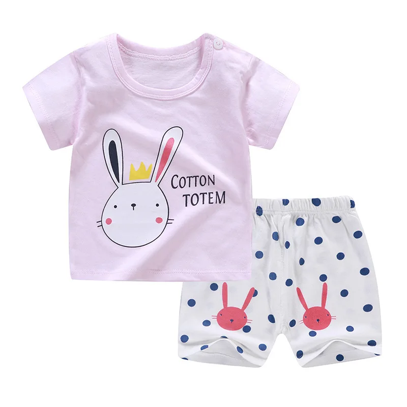 

2019 Summer New Cute Baby Kids Clothes Children Short Sleeve Shorts Suit Pure Cotton Cartoon Round Neck Pattern T-shirt+Pants