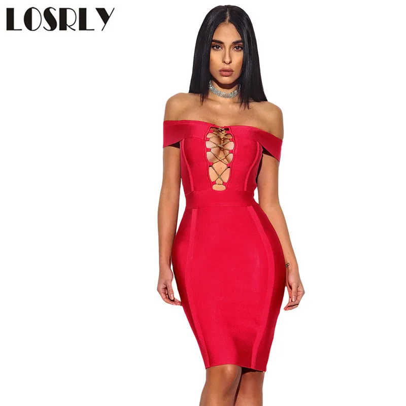 LOSRLY Vestido Феста Красный Выдалбливают Sexy Women Бинты Платье Midi Bodycon Платья 2017 Лето С