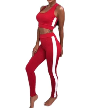 

2 pcs Set Womens Crop Top Leggings Jumpsuit Ladies Sleeveless Cut Out Crop Tops Skinny Leggins Suit 2018 Fitness Tracksuit